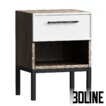 3D model set of the Nicole furniture collection in matte green with black metal legs, including a tall 4-drawer chest, a wide TV stand/dresser, and a nightstand with an open shelf.
