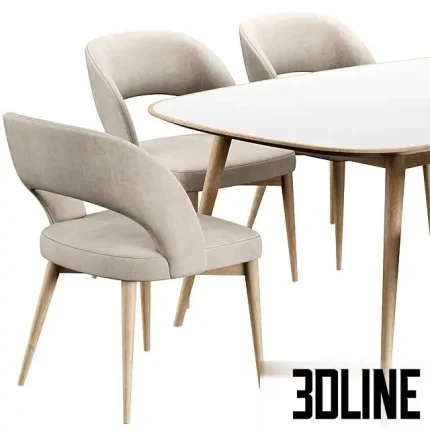 3D model of the Niff Naff dining set, featuring a sleek white-topped wooden table surrounded by contemporary upholstered chairs with distinctive curved, open backrests and tapered wooden legs.