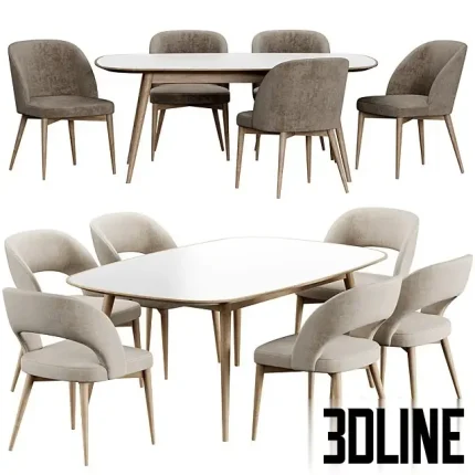 3D model of the Niff Naff dining set, featuring a sleek white-topped wooden table surrounded by contemporary upholstered chairs with distinctive curved, open backrests and tapered wooden legs.