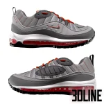 High-detail 3D model of Nike Air Max 98 sneakers in a Wolf Grey and Total Orange colorway, featuring realistic mesh textures, layered leather upper, and visible full-length Air unit.