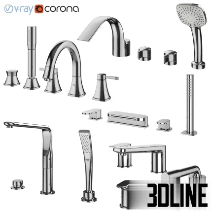High-detail 3D model set of Inset Bath Mixers 132, featuring glossy chrome bathroom fixtures including curved high-arc faucets, a waterfall tub filler, handheld shower wands, and minimalist control handles