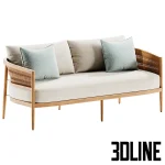 3D model of the Nusa Teak Sofa, featuring a curved solid wood frame with intricate woven rope details on the backrest, cream seat cushions, and decorative sage green pillows.