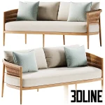 3D model of the Nusa Teak Sofa, featuring a curved solid wood frame with intricate woven rope details on the backrest, cream seat cushions, and decorative sage green pillows.