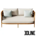 3D model of the Nusa Teak Sofa, featuring a curved solid wood frame with intricate woven rope details on the backrest, cream seat cushions, and decorative sage green pillows.