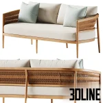 3D model of the Nusa Teak Sofa, featuring a curved solid wood frame with intricate woven rope details on the backrest, cream seat cushions, and decorative sage green pillows.