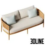 3D model of the Nusa Teak Sofa, featuring a curved solid wood frame with intricate woven rope details on the backrest, cream seat cushions, and decorative sage green pillows.