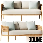 3D model of the Nusa Teak Sofa, featuring a curved solid wood frame with intricate woven rope details on the backrest, cream seat cushions, and decorative sage green pillows.