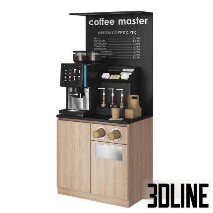 3D model of a commercial "Coffee Master" self-service station, featuring a digital coffee machine, syrup pumps, condiment organizers, and a wooden cabinet base with a trash chute.