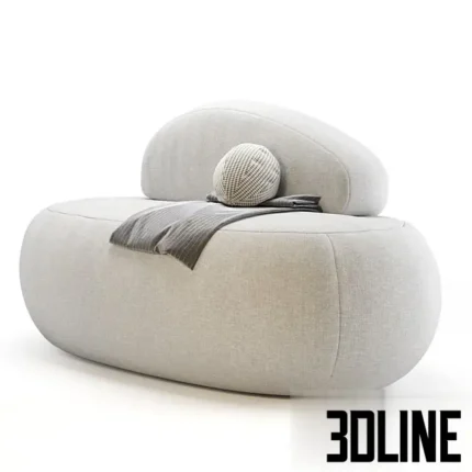 3D model of the Olten sofa from Divan.ru featuring a minimalist, organic pebble-like shape with a rounded backrest, upholstered in light beige fabric.
