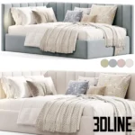 3D model of the Olvia upholstered corner bed featuring a high back and side panel with vertical channel tufting, shown in pink and blue velvet with cozy bedding.