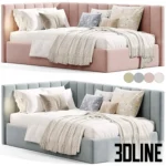 3D model of the Olvia upholstered corner bed featuring a high back and side panel with vertical channel tufting, shown in pink and blue velvet with cozy bedding.