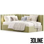 3D model of the Olvia upholstered corner bed featuring a high back and side panel with vertical channel tufting, shown in pink and blue velvet with cozy bedding.