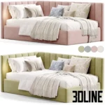3D model of the Olvia upholstered corner bed featuring a high back and side panel with vertical channel tufting, shown in pink and blue velvet with cozy bedding.