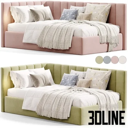 3D model of the Olvia upholstered corner bed featuring a high back and side panel with vertical channel tufting, shown in pink and blue velvet with cozy bedding.