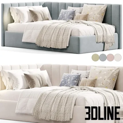 3D model of the Olvia upholstered corner bed featuring a high back and side panel with vertical channel tufting, shown in pink and blue velvet with cozy bedding.