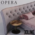 3D model of the Opera Contemporary Butterfly bed, featuring an expansive curved wingback headboard with button tufting, upholstered in textured grey fabric with matching bolster pillows.