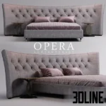 3D model of the Opera Contemporary Butterfly bed, featuring an expansive curved wingback headboard with button tufting, upholstered in textured grey fabric with matching bolster pillows.