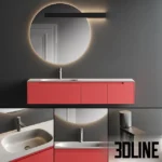3D model of the Orma vanity unit set featuring a wall-mounted cabinet in matte coral red, a white countertop with an integrated oval sink, and a large round mirror with asymmetric LED lighting.