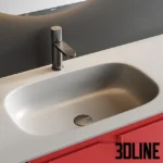 3D model of the Orma vanity unit set featuring a wall-mounted cabinet in matte coral red, a white countertop with an integrated oval sink, and a large round mirror with asymmetric LED lighting.
