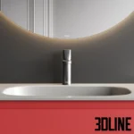 3D model of the Orma vanity unit set featuring a wall-mounted cabinet in matte coral red, a white countertop with an integrated oval sink, and a large round mirror with asymmetric LED lighting.