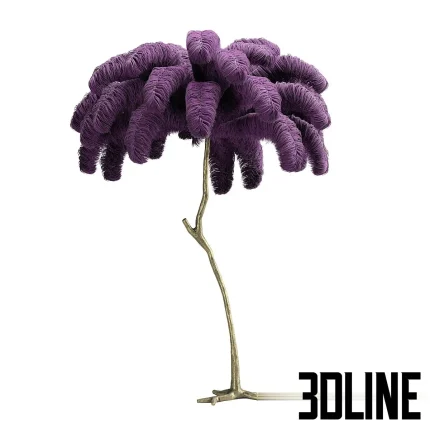 3D model of the Feather Lamp by A Modern Grand Tour, featuring a tall, slender brass tree-trunk base topped with a voluminous canopy of purple ostrich feathers, resembling a palm tree.
