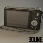 High-detail 3D model of the Panasonic Lumix DMC-TZ7 digital camera in black, featuring a 12x optical zoom lens, realistic buttons, and AVCHD Lite branding.