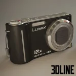High-detail 3D model of the Panasonic Lumix DMC-TZ7 digital camera in black, featuring a 12x optical zoom lens, realistic buttons, and AVCHD Lite branding.