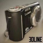 High-detail 3D model of the Panasonic Lumix DMC-TZ7 digital camera in black, featuring a 12x optical zoom lens, realistic buttons, and AVCHD Lite branding.