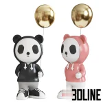 3D model set of two stylized panda sculptures dressed in hoodies (black and pink) and holding highly reflective gold metallic balloons, suitable for contemporary decor.