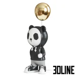 3D model set of two stylized panda sculptures dressed in hoodies (black and pink) and holding highly reflective gold metallic balloons, suitable for contemporary decor.