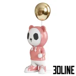 3D model set of two stylized panda sculptures dressed in hoodies (black and pink) and holding highly reflective gold metallic balloons, suitable for contemporary decor.