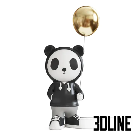 3D model set of two stylized panda sculptures dressed in hoodies (black and pink) and holding highly reflective gold metallic balloons, suitable for contemporary decor.