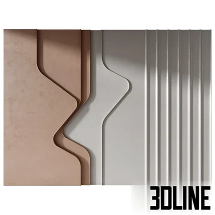 3D model of Panel 097, an abstract decorative wall system featuring layered sections with smooth wavy curves and vertical fluted textures in neutral taupe, white, and grey tones.