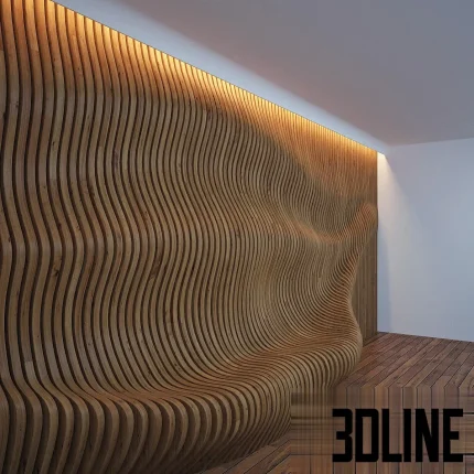 3D model of a parametric wood slat wall installation that seamlessly curves outward to form a bench seat, featuring organic wavy lines and integrated warm LED strip lighting at the top.