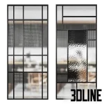 A set of five modern glass partitions (room dividers) featuring sleek black metal framing and a variety of decorative textured glass types, including fluted, dotted, and hammered (chinchilla) patterns.