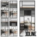 A set of five modern glass partitions (room dividers) featuring sleek black metal framing and a variety of decorative textured glass types, including fluted, dotted, and hammered (chinchilla) patterns.