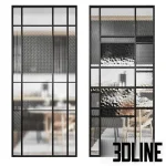 A set of five modern glass partitions (room dividers) featuring sleek black metal framing and a variety of decorative textured glass types, including fluted, dotted, and hammered (chinchilla) patterns.