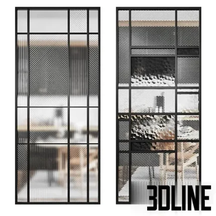 A set of five modern glass partitions (room dividers) featuring sleek black metal framing and a variety of decorative textured glass types, including fluted, dotted, and hammered (chinchilla) patterns.