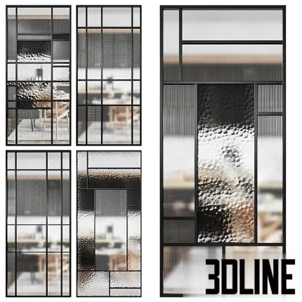 A set of five modern glass partitions (room dividers) featuring sleek black metal framing and a variety of decorative textured glass types, including fluted, dotted, and hammered (chinchilla) patterns.