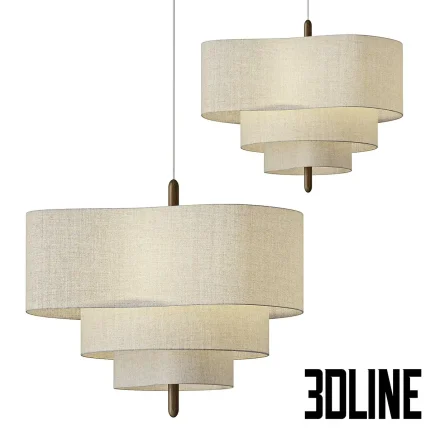 Detailed 3D model set of the Pebble pendant light, a suspended lamp featuring three elliptical, tiered beige fabric shades and a small wood accent detail.