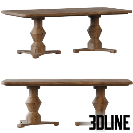 Photorealistic 3D model of the La Luz dining table by Pfeifer Studio, featuring a rectangular wood top and two large, sculptural, rustic oak pedestal bases.