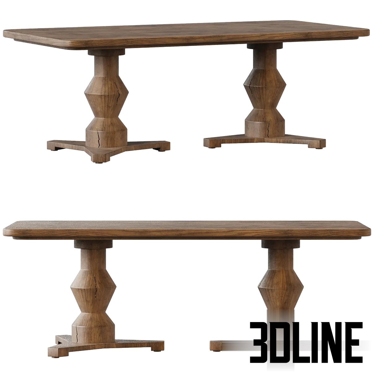 La Luz Dining Table 3D Model by Pfeifer Studio: Sculptural Oak Pedestal Base Photorealistic 3D model of the La Luz dining table by Pfeifer Studio, featuring a rectangular wood top and two large, sculptural, rustic oak pedestal bases.