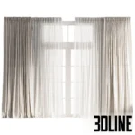 3D model of a double-layer window treatment featuring heavy beige linen curtains with a classic pinch pleat header, paired with a delicate sheer white tulle under-layer.