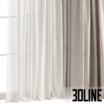 3D model of a double-layer window treatment featuring heavy beige linen curtains with a classic pinch pleat header, paired with a delicate sheer white tulle under-layer.