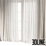 3D model of a double-layer window treatment featuring heavy beige linen curtains with a classic pinch pleat header, paired with a delicate sheer white tulle under-layer.