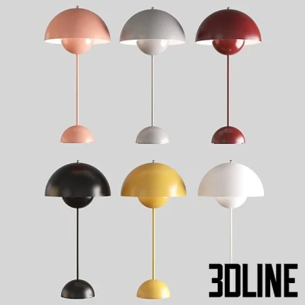 High-resolution 3D model of a pink/coral mushroom table lamp with a large dome shade and a small internal dome, typical of mid-century modern design.