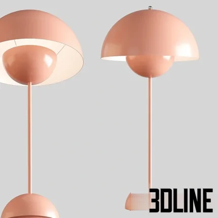 High-resolution 3D model of a pink/coral mushroom table lamp with a large dome shade and a small internal dome, typical of mid-century modern design.