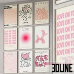 3D model set of a "Pink Vibe" gallery wall featuring 9 framed posters with artwork by Keith Haring, Matisse, Yayoi Kusama, and typography prints like "Love on Tour" and "Mind".
