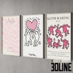 3D model set of a "Pink Vibe" gallery wall featuring 9 framed posters with artwork by Keith Haring, Matisse, Yayoi Kusama, and typography prints like "Love on Tour" and "Mind".