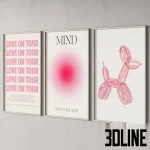 3D model set of a "Pink Vibe" gallery wall featuring 9 framed posters with artwork by Keith Haring, Matisse, Yayoi Kusama, and typography prints like "Love on Tour" and "Mind".